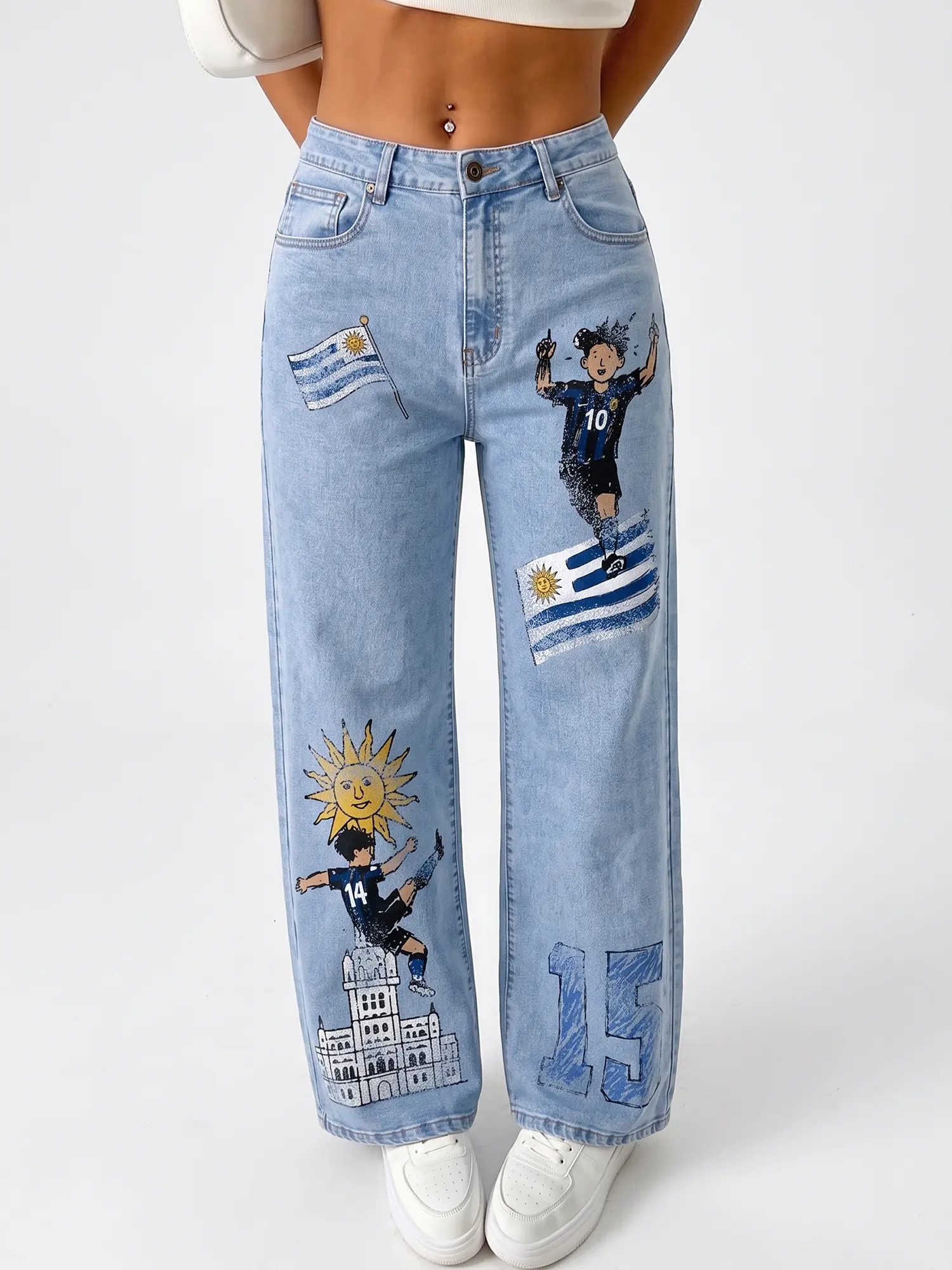 JR JEANIUS WEAR Women's Jeans, High-Waist Wide-Leg Trousers with Sporty Uruguay Football Graphics, Oversized Woven Denim Streetwear, Button, Ultra Wide Baggy Jeans, Game-Day Outings, Vintage Jeans Style