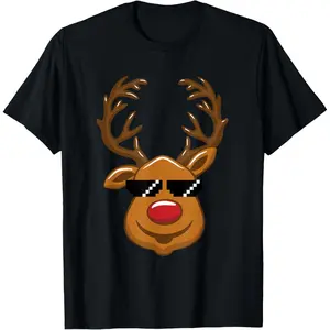 Reindeer Christmas Outfit Family Boys Girls Boys Girls Funny Xmas T-Shirt, 100% Cotton, Single Side Printed, Black Short Sleeve T-shirt, 1 pc, Christmas Halloween Thanksgiving Gift