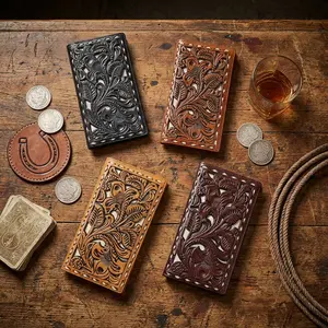 Western Cowboy Leather Long Wallets for Men Floral Bifold Checkbook Tooled Genuine Leather 11 Card Slots RFID Blocking Secure Storage Ideal Gifts