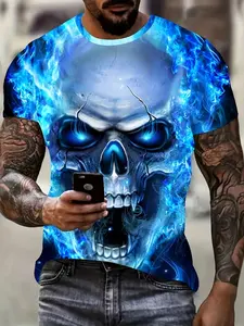 Men's Skull 3D Digital Print Graphic T-Shirt, Casual Comfortable Short Sleeve Pullover, Summer Outdoor Clothing, Fitted Long Top, Casual Summer Tee