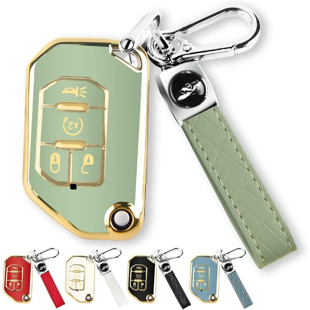 Car Key Fob Cover with Gloss Edge Soft TPU Keychain - Key Fob Protector, Signal Safe Remote Guard for 2018-2022 Jeep Wrangler, Gladiator, JLU, JL, Rubicon, JT (Green)
