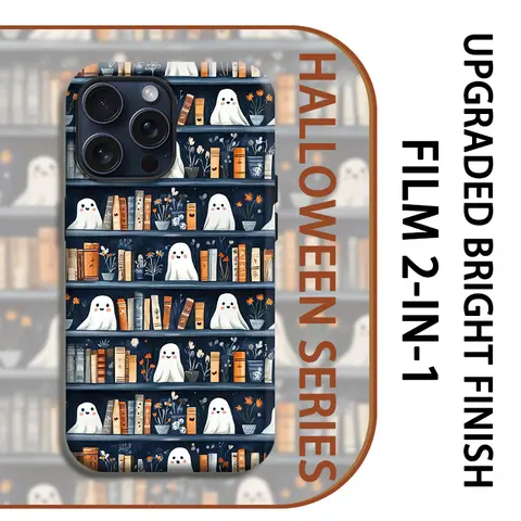 Halloween Ghost Bookshelf Phone Case, Drop-proof Protection Durable Accessories, Drop-proof Shell for Daily Bumps for iPhone 18 17 Pro Max, 16, 15 Plus, 14, 13, 12, 11, XR, XS & S25, S24, S23, A71, A56, A55, A54, A53, A52, Gifts for Women.HY14