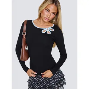 Double Back Floral Cut Out Long Sleeve Top Black