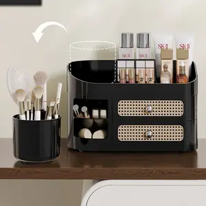 Vintage Wicker Desk Storage Set | Removable Rotatable Pen Holder + 2-Layer Drawer + Multi-Compartment Organizer | Makeup & Stationery Storage Desk Organizer Tidy