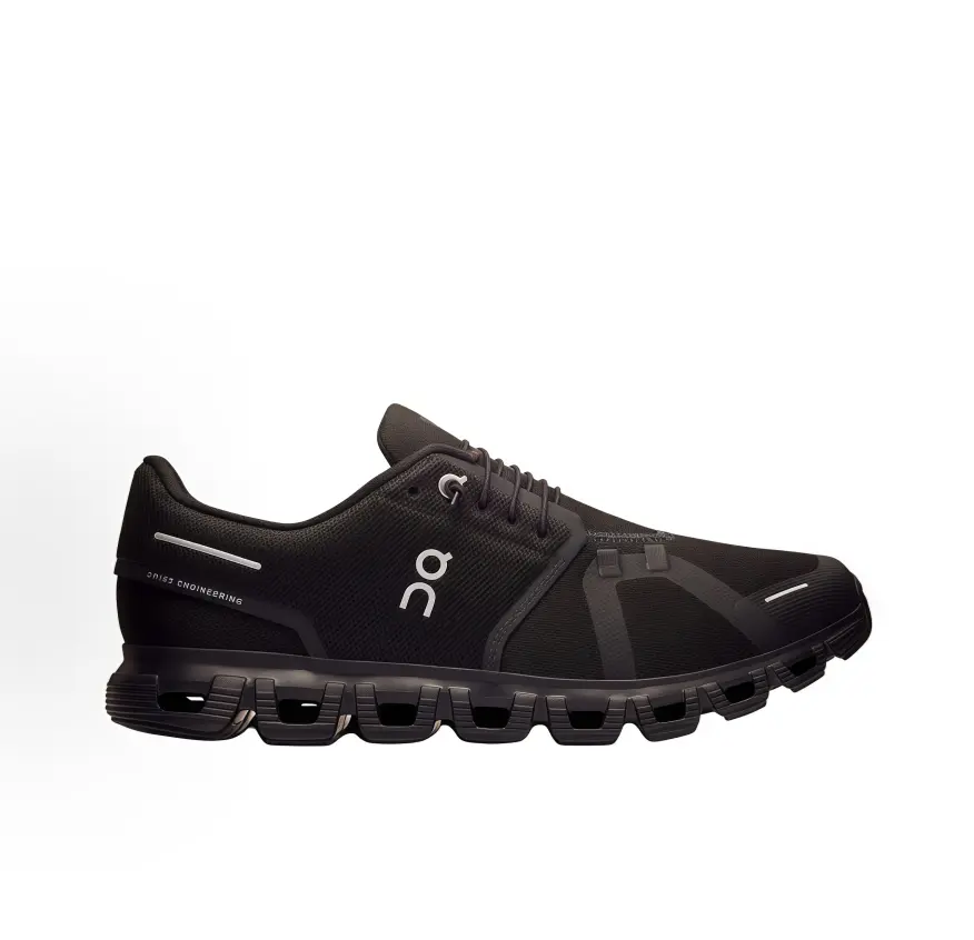 Classic solid black athletic running shoes, lightweight woven mesh, segmented hollow thick sole, great for training and long walks