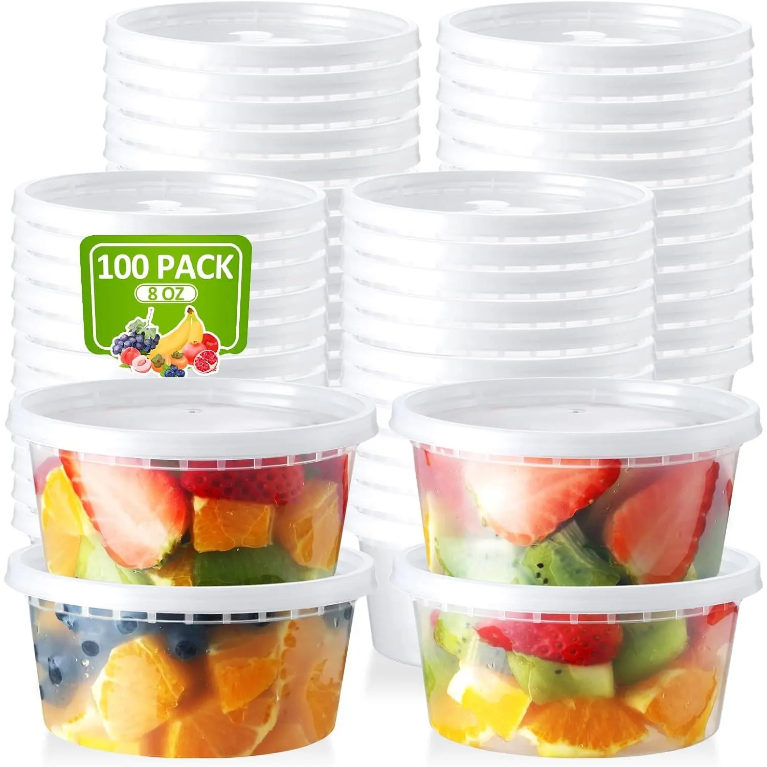 100 Set 8 oz Deli-Containers-with--Airtight-Plastic--Storage-Containers-with--Soup-Slime-Overnight-Oat-To-Go-Containers