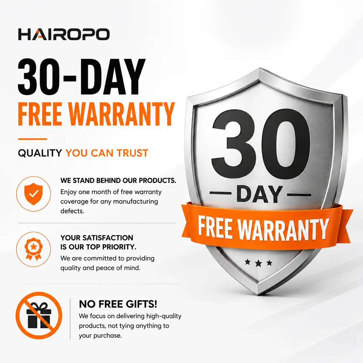NO GIFT ! 30 Day WARRANTY CARD, HAIROPO Auto Parts Hardware Enjoy High Quality Worry Free Experience, Comes with Warranty Card