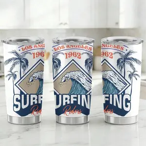20oz Stainless Steel Tumbler with Lid and Straw, Vintage Retro Summer Vibe Travel Coffee Cup, Classic Blue Wave Palm Tree Surf Graphic Print Portable Water Bottle, Ideal Drinkware for Surf Lovers Men Daily Outdoor Use Summer Vacation