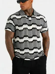 Men's Soft Breathable Knitted Jacquard Striped Geometric Short Sleeve Polo Shirt, Casual Collared Fitted Design, Ideal for Everyday Wear