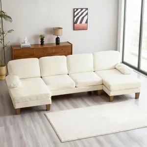Karl home 111" Sectional Sofa U-Shaped 4-Seat Couch with Chaises Wood Grian Legs Chenille Fabric Upholstered for Living Room, Apartment, Office, Beige
