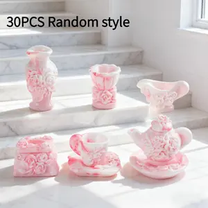 30PCS-Resin Simulated Cartoon Blue and White Porcelain Pink Tea Set DIY Home Decoration Materials for Making Home Decorative Ornaments