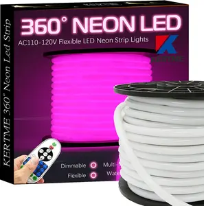 360° Neon Led Type AC 110-120V 360 Degree NEON LED Light Strip, Flexible/Waterproof/Dimmable/Multi-Modes LED Rope Light + Remote for Home/Garden/Building Decor (16.4ft/5m, Pink)