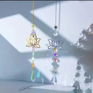Handmade Metal Lotus and Artificial Crystal Sun-catcher Charm with Colorful Beads and Decorative Design -  Ideal for Home Decoration Light Hanging Ornaments Hangable