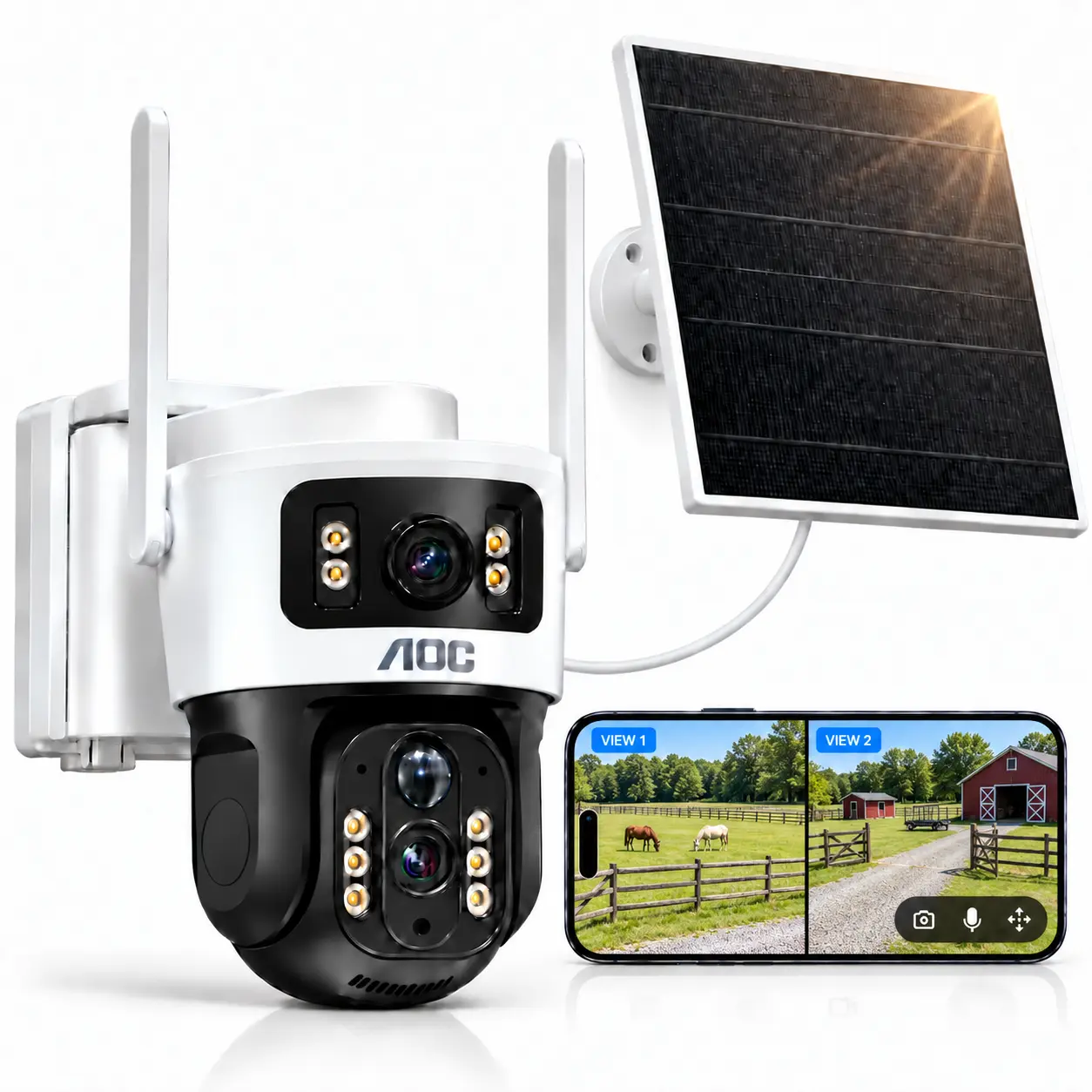 AOC 4G LTE Cellular Solar Security Camera, No WiFi Needed, Built-in SIM, Dual-Lens Dual-View, PTZ Control, AI Human Tracking, Color Night Vision, 2-Way Audio, 7-Day Trial (4G Plan Required), Outdoor CCTV for Home, Farm & Garage