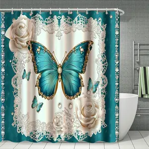 Floral & Butterfly Pattern Bathroom Set, 1 Set Including Shower Curtain & Toilet U-shape Mat & Toilet Lid Cover & Bath Mat, Bathroom Accessories