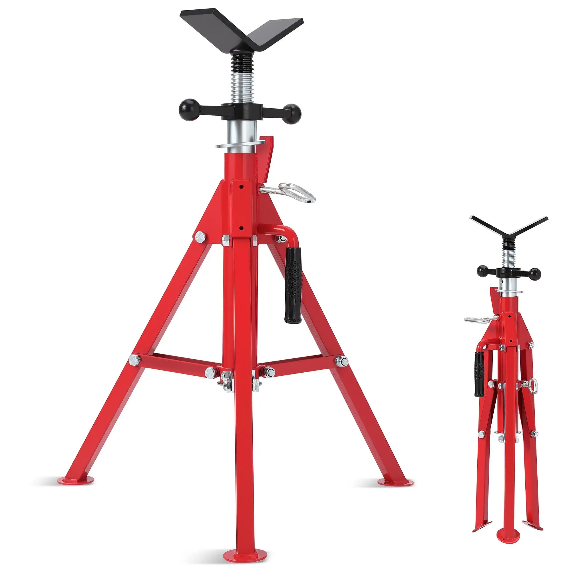 V-Head Heavy-Duty Pipe Jack Stand Adjustable Folding 28 to 52 Inches Adjustable Height 1/8"-12" Wide Pipe Capacity 2500 lbs Load Capacity Folding Legs for Welding Threading Hole Cutting