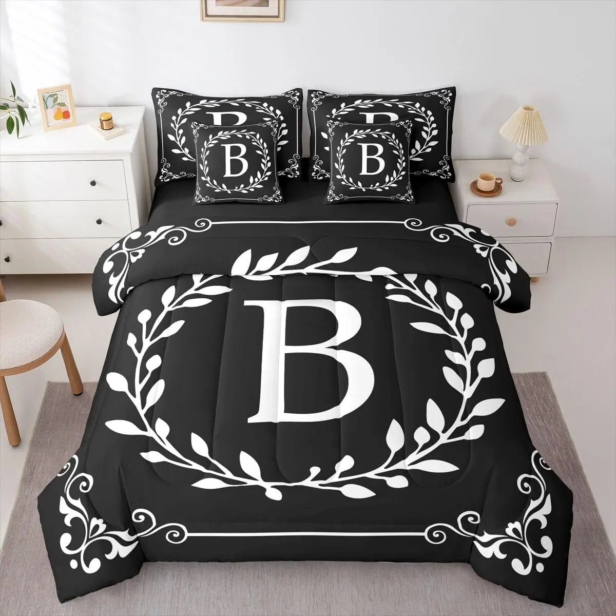 Initial Letter B 7 Piece Bedding Set Black And White Bed In A Bag Boho Floral Leaves Comforter Set With Sheets Minimalist Branches Bedding Comforter Set Personalized Gifts For Women Men Frends