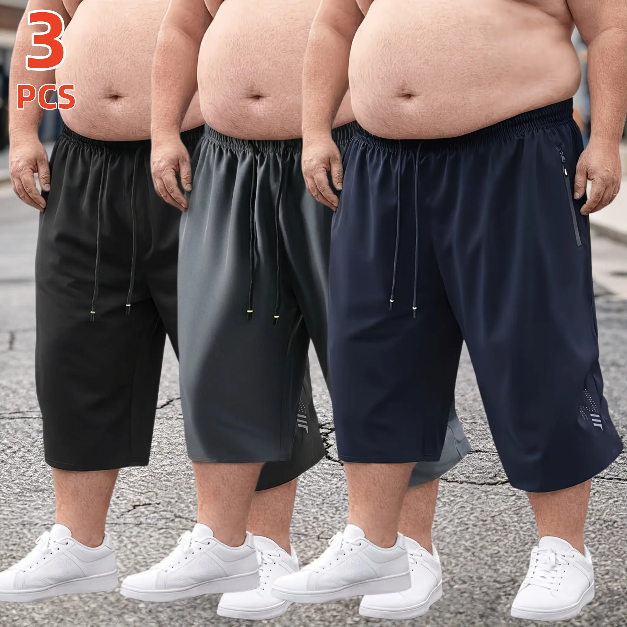 Men's Plus Size 3-Pack Active 7/8 Athletic Capri Shorts, Oversized Fit, Elastic Drawstring Waist, Zip Pocket, Quick Dry, Loose Cropped Pants for 4XL-6XL Big Guys