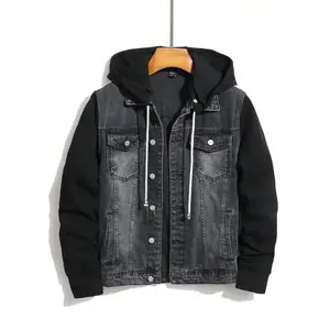 Men's Button Front Long Sleeve Pocket Casual Denim Hoodie Jacket Fabric Menswear Coats Hem