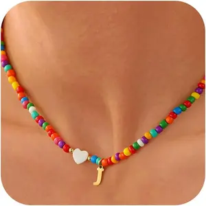 Easter Gifts for  Teen Girls - Fashion  Colorful Beaded Initial Necklace Teen Girls Trendy Stuff Dainty Letter A-Z Choker Necklace Easter Basket Stuffers for  Teens