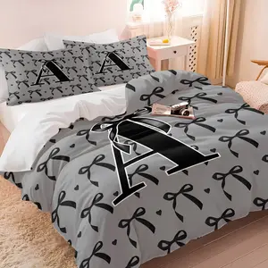 2/3Pcs Gray Bow Initial A-Z Duvet Cover Set No Filler, Soft Comforter Cover, Cute Coquette Black Bow Heart Print Bedding Set, Modern Monogram Alphabet Decor Bedspread for Girls Teens Bedroom Aesthetic