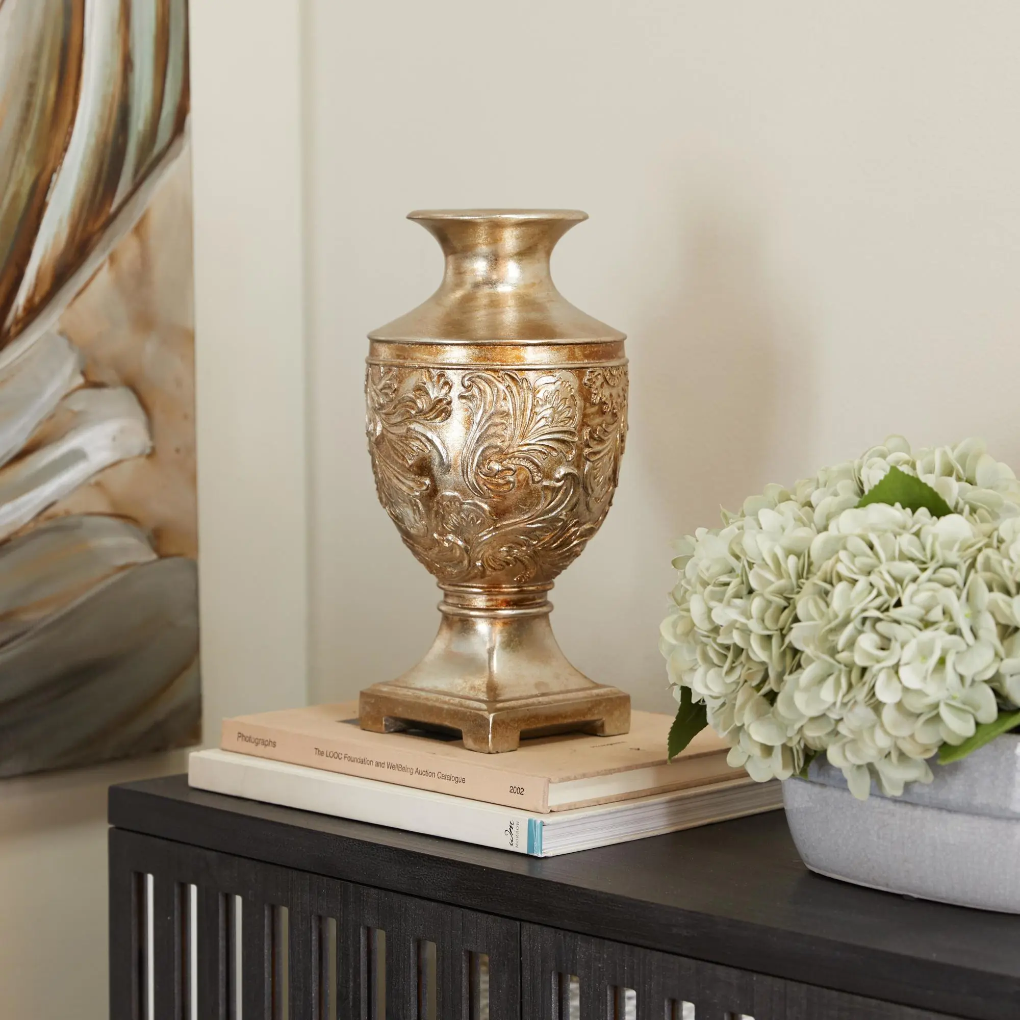 Traditional Rectangle Fleur De Lis Gold Polystone Carved Decorative Vase - 1-Piece Warm Home Decor Accent, Wipe-Clean Felt Table Centerpiece