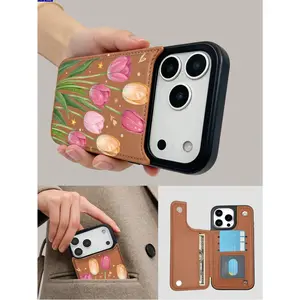 Pink tulip illustration aesthetic pattern, TPU+PC double-layer material, handmade, high-end fashion, faux leather flip wallet card holder, suitable for iPhone 17/16/15/14/13/12/Pro/ProMax/Plus/Air series, birthday gift, holiday gift, couple phone case