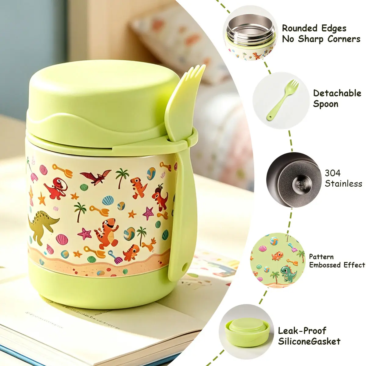 Kids Food Thermos, 10oz Stainless Steel Vacuum Insulated Food Jar with Spoon, Leakproof Wide Mouth Lunch Container for School Lunch, Back to School, Travel & Picnic
