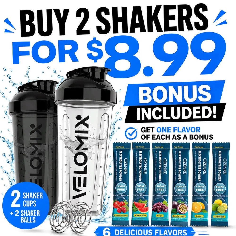 VELOMIX Protein Shaker 2-Pack (28 oz Each) with 6 Flavored Electrolyte Packets, Ideal for Meal Replacement & Protein Drinks, Electrolytes