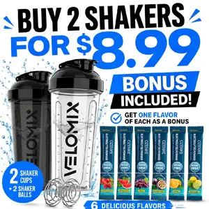 VELOMIX 2-Pack 28 oz Protein Shaker with 6 Flavored Electrolyte Packets