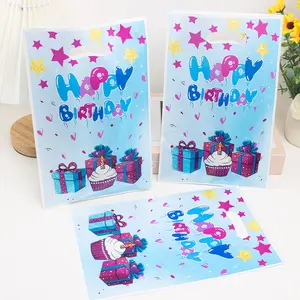 50 Birthday Happy Plastic Gift Bags, Blue with Stars Cake and Gifts Pattern, Handle Design, Perfect for Party Favors and Celebrations, Birthday Party Supplies