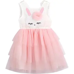 Baby Girls Clothing, Casual Bunny Print Polyester Lace Sleeveless Easter Tutu Dress with Mesh Skirt for Toddler Summer Princess Wear