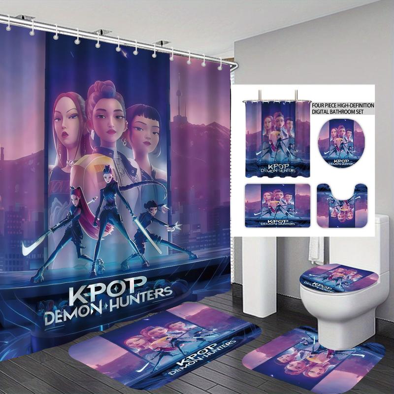 K-Pop Demon Hunters Bathroom Set, Shower Curtain with Hooks, Non-Slip Bath Rug, U-Shaped Toilet Mat, Toilet Lid Cover, Bathroom Decoration Accessories