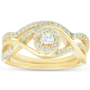3/8CT Diamond Engagement Wedding Ring Set Infinity Twist Halo 10k Yellow Gold