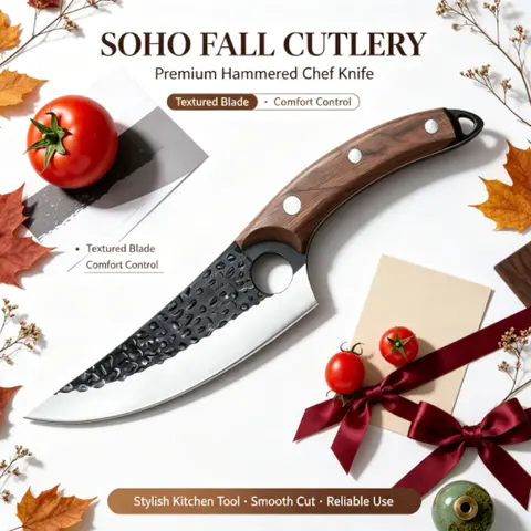 Handcrafted Forged Hammer-Textured Stainless Steel Cooking Knife - Full Dragon-Bone Curved Handle, Curved Blade, Leather Sheath, Elegant Gift Box, Gift-Box Ready for Professional Chefs, Meat & Vegetable Cutting, Stainless Steel Knives