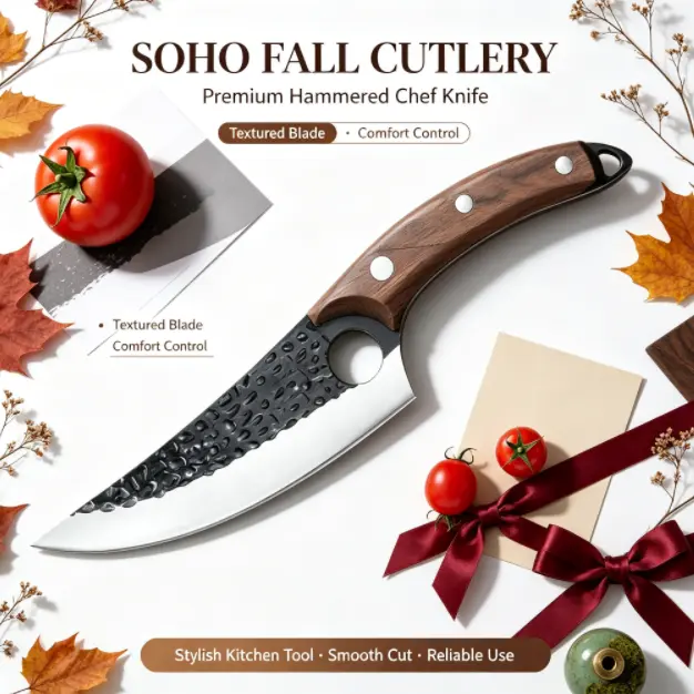 Handcrafted Forged Hammer-Textured Stainless Steel Cooking Knife - Full Dragon-Bone Curved Handle, Curved Blade, Leather Sheath, Elegant Gift Box, Gift-Box Ready for Professional Chefs, Meat & Vegetable Cutting, Stainless Steel Knives