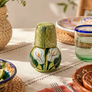 Clay Cantaro Drinkware Set - Small Hand-Painted Cantaro with Matching Cup for Kitchen Use Mexican Serving