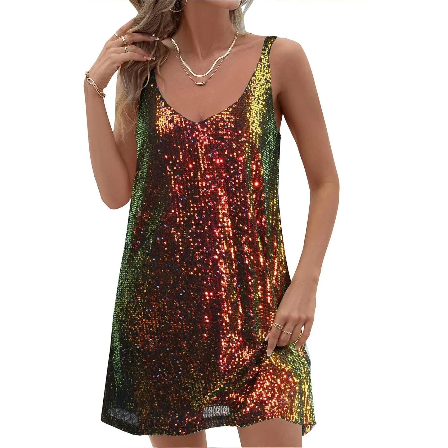 Women's Sequin-Embellished Deep V-Neck Cutout Sleeveless Spaghetti Strap Short Flowy Loose Shift Dress - Polyester Blend, Fully Lined, for Cocktail, Formal Evening Events, Glitter, Sparkle, Valentine's Day, Loose Fit, Bachelorette Party, Sequinned