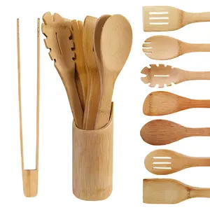 9-Piece Bamboo Cooking Utensil Set - Eco-Friendly Wooden Spoons with Bamboo Holder - Aesthetic Kitchen Essentials for Home Cooking