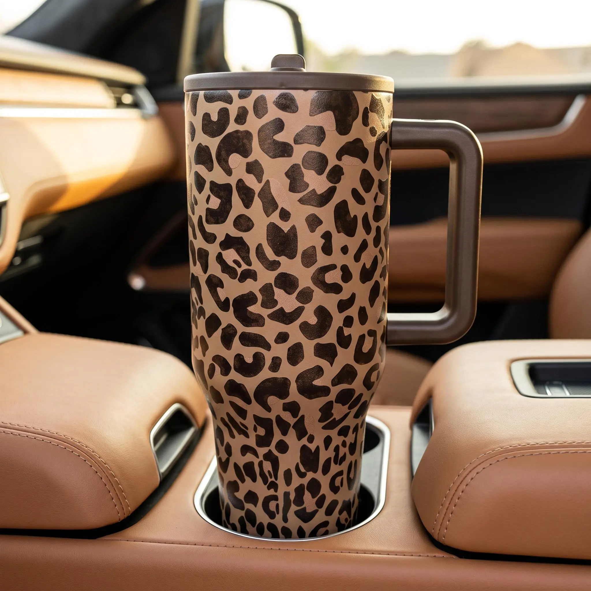 40oz 1200ml Vacuum Insulated Tumbler with Handle, Food Grade 304 Stainless Steel Leakproof Cold Water Mug for Car Gym Camping, Leopard Print