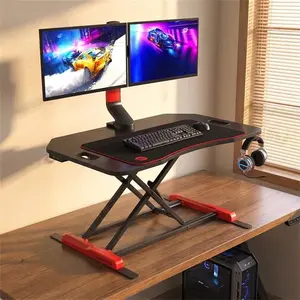 GTPLAYER Height Adjustable Gaming Desk Riser with Dual Monitor Mount, Gas Sit‑Stand Computer Stand, Carbon Fiber Surface, USB 3.0 Port, Headphone Hook, Ergonomic Home Office Workstation for Gaming & Working