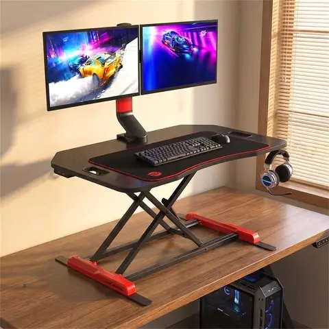 GTPLAYER Height Adjustable Gaming Desk Riser with Dual Monitor Mount, Gas Sit‑Stand Computer Stand, Carbon Fiber Surface, USB 3.0 Port, Headphone Hook, Ergonomic Home Office Workstation for Gaming & Working