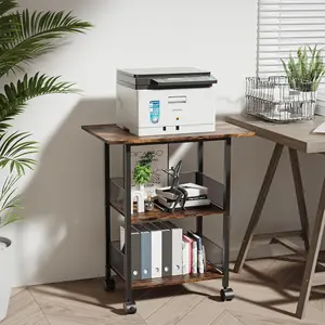 VyGrow 3-Tier Industrial Printer Stand with Wheels | Large Mobile Heavy Duty Storage Rack for Home Office, 23"x15" Space-Saving Table (Rustic Brown)