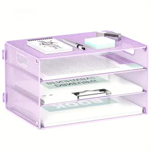 3-Tier Paper Storage Box with Handle, Mesh Metal Desktop Organizer Letter Tray, Paper Tray Storage Bin for Home & Office File Organization