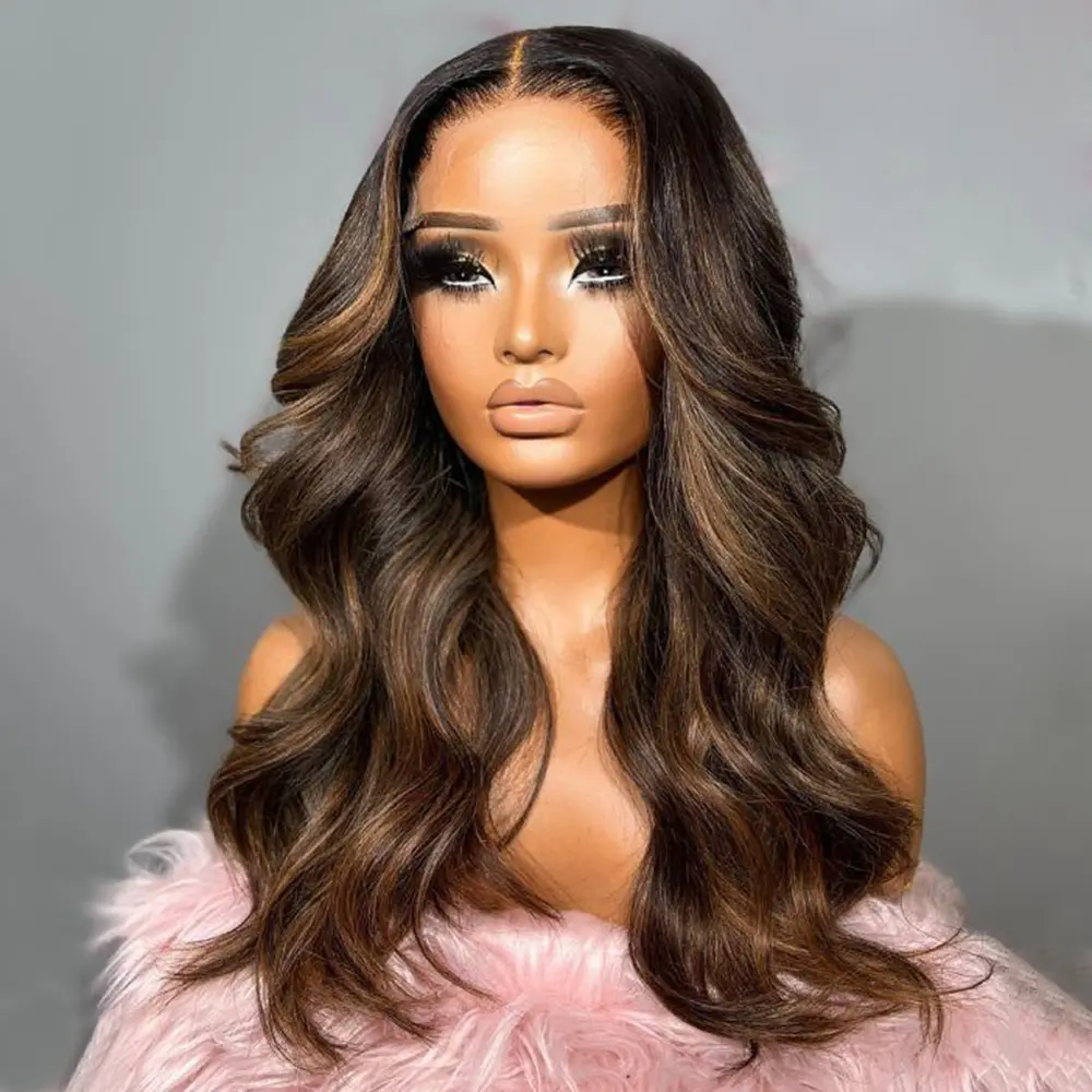 P1b/30 Highlight Brown Human Hair Lace Front Wigs Body Wave Black and Brown colored HD Transparent Front Wig With Baby Hair  For Woman
