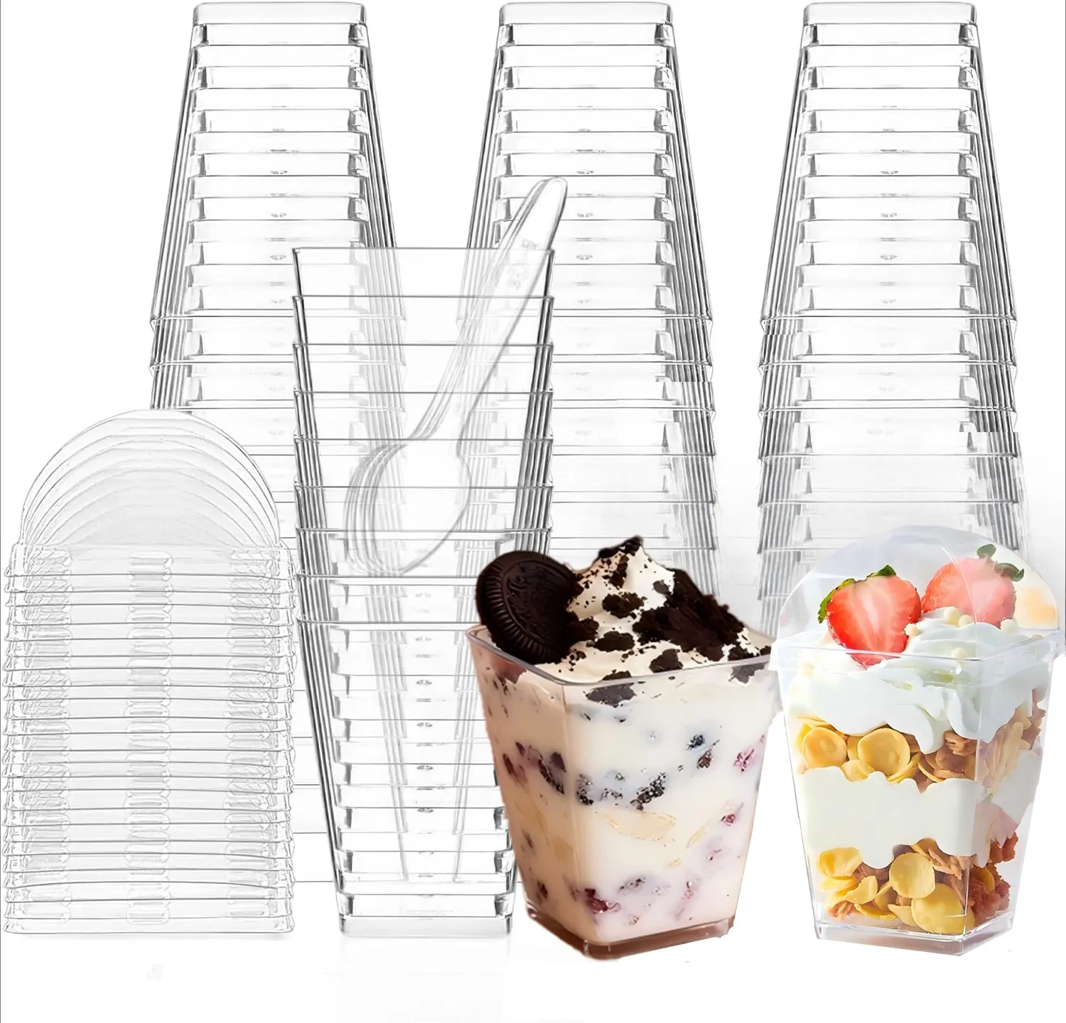 25-Pack 5-oz Transparent Square Plastic Dessert Cups with Lids and Spoons - Stackable, Leak-Proof Kitchenware for Wedding, Birthday Celebrations (Suitable for Yogurt, Ice Cream, Cheesecake)