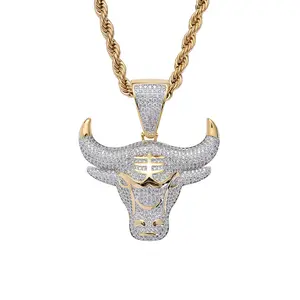 Iced Out Bull Head Pendant Necklace for Men, 60cm Stainless Steel Rope Chain with AAA CZ Stones, Bold Hip-Hop Streetwear Jewelry, TikTok Viral Drip Accessory & Statement Gift