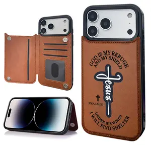 Unique  Creative Trendy Jesus Cross Pattern Bible Quotes God Bless You Christianity  Holder Wallet Aesthetic Pattern Brown Casing For iphone 17 16 15 14 13 12 PRO PLUS MAX PU Leather Stylish Gift Shockproof Protection Anti-Drop Protective Protector Phone