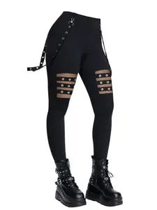 2025 Women's Gothic Pants Hollow Out Solid Color Gothic Pants Grommet Chain Embellishment High Waisted Long Skinny Pants