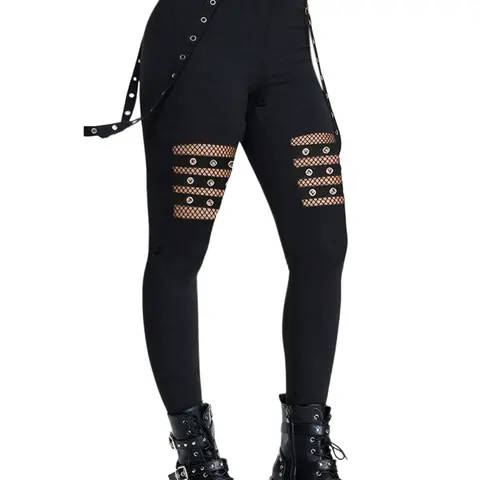 2026DRESSLILY Women's Gothic Pants Hollow Out Solid Color Gothic Pants Grommet Chain Embellishment High Waisted Long Skinny Pants